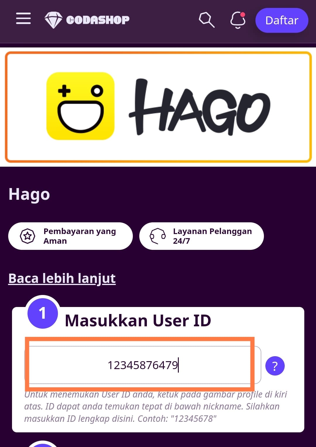 Memasukkan User Id Codashop hago