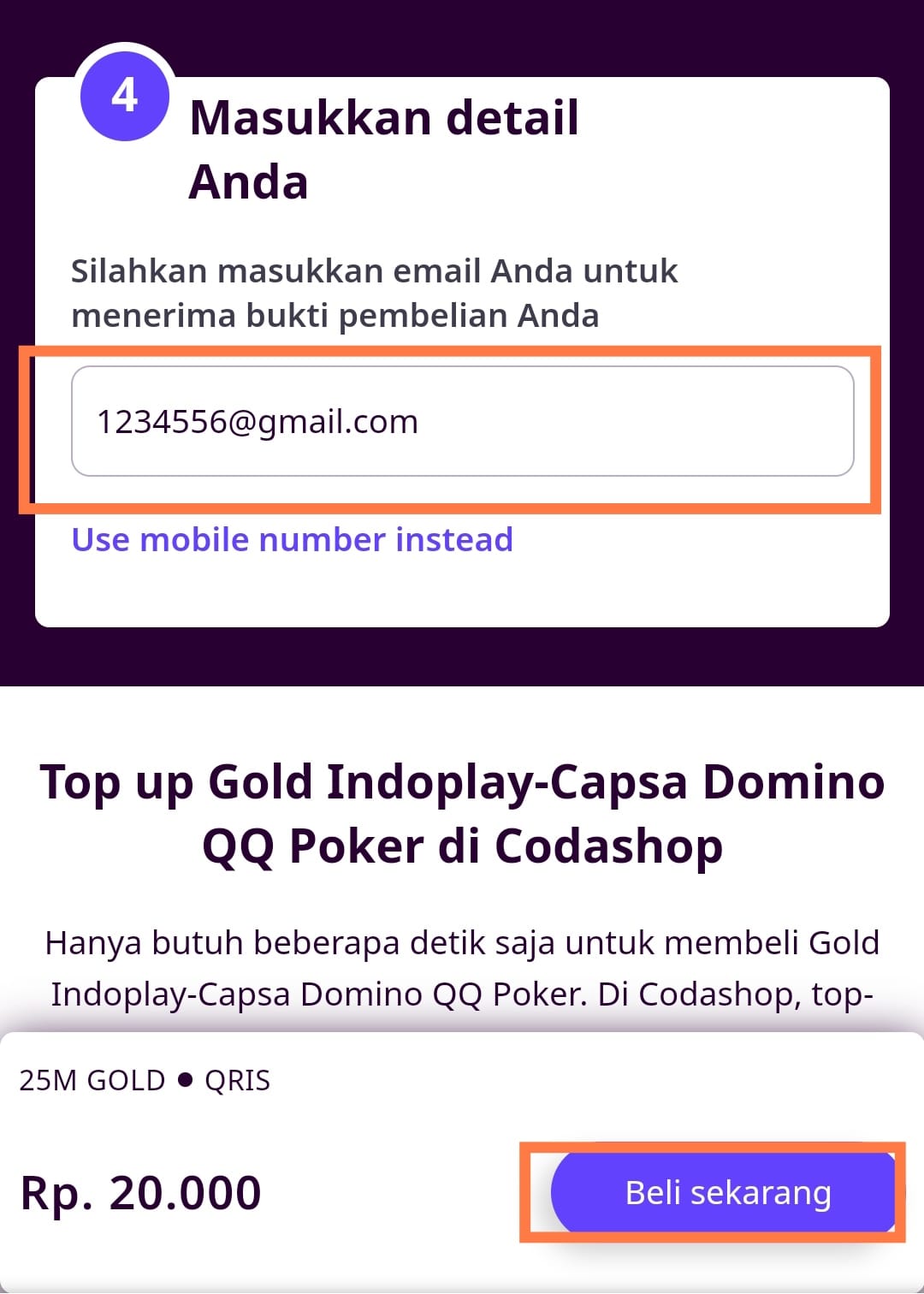 masukkan email di top up Codashop Domino