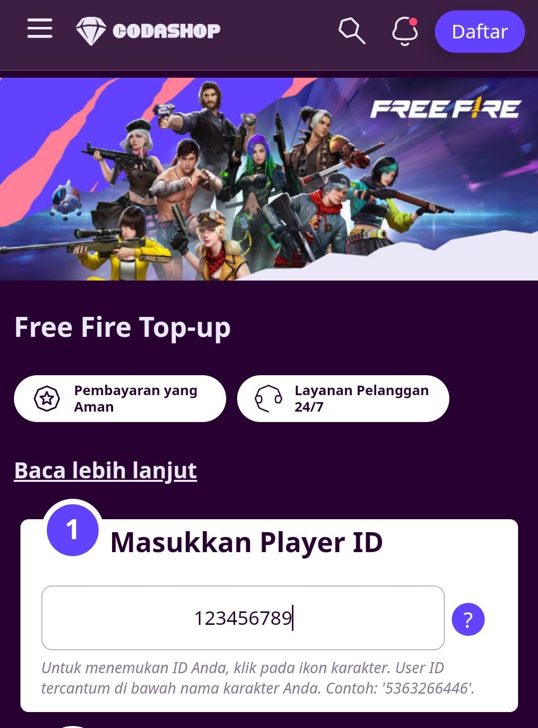 masukkan id pemain ke Codashop Free Fire