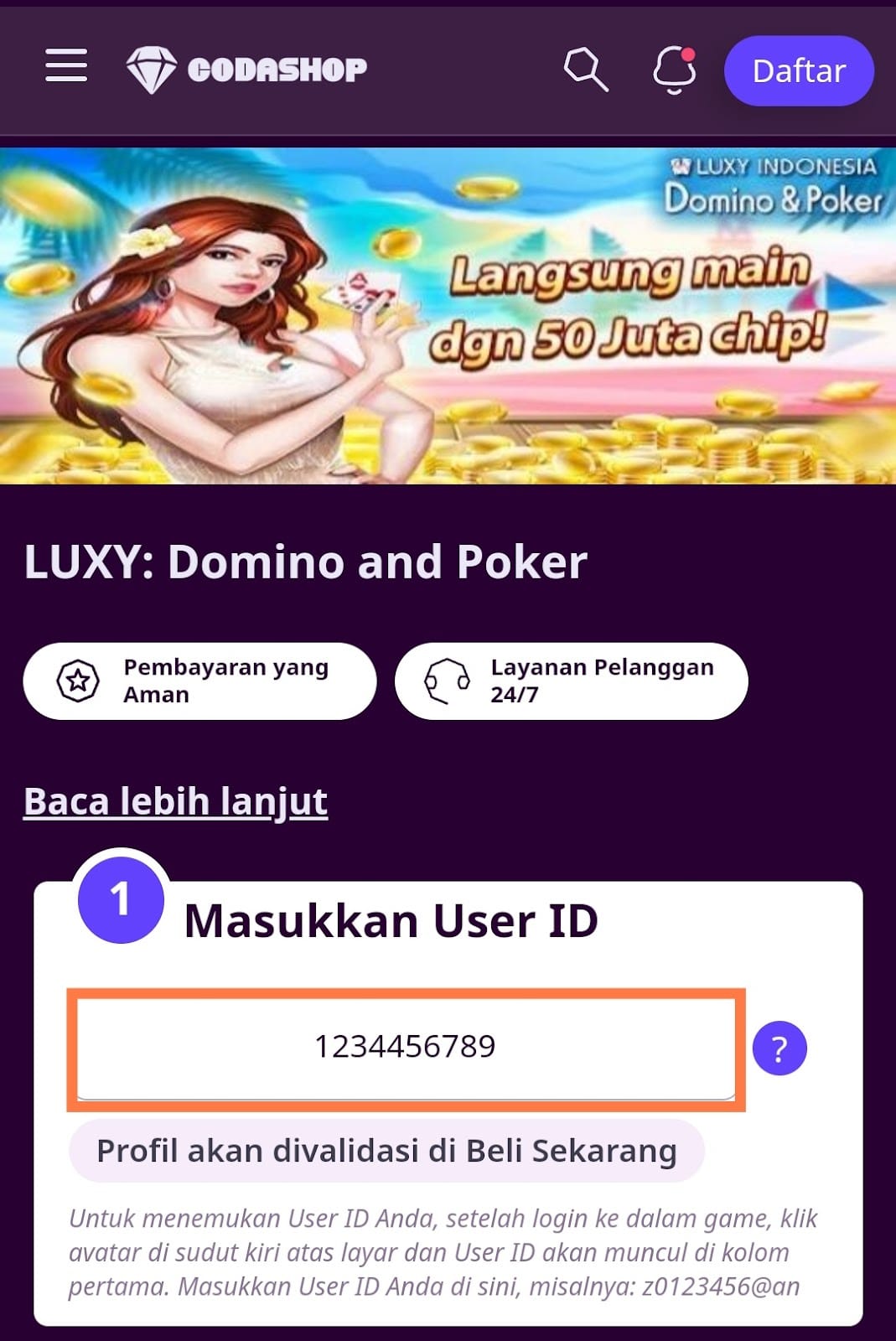 masukkan user id Codashop Domino