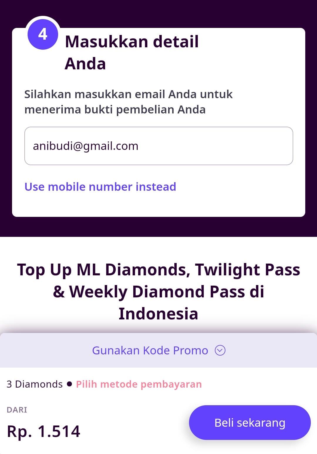 memasukkan alamat email Codashop Free Fire