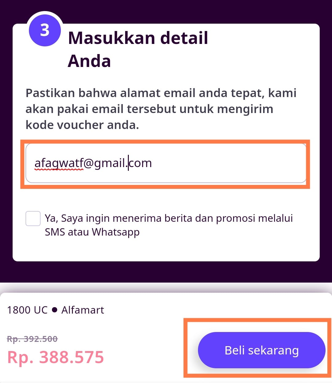 memasukkan alamat email Codashop pubg