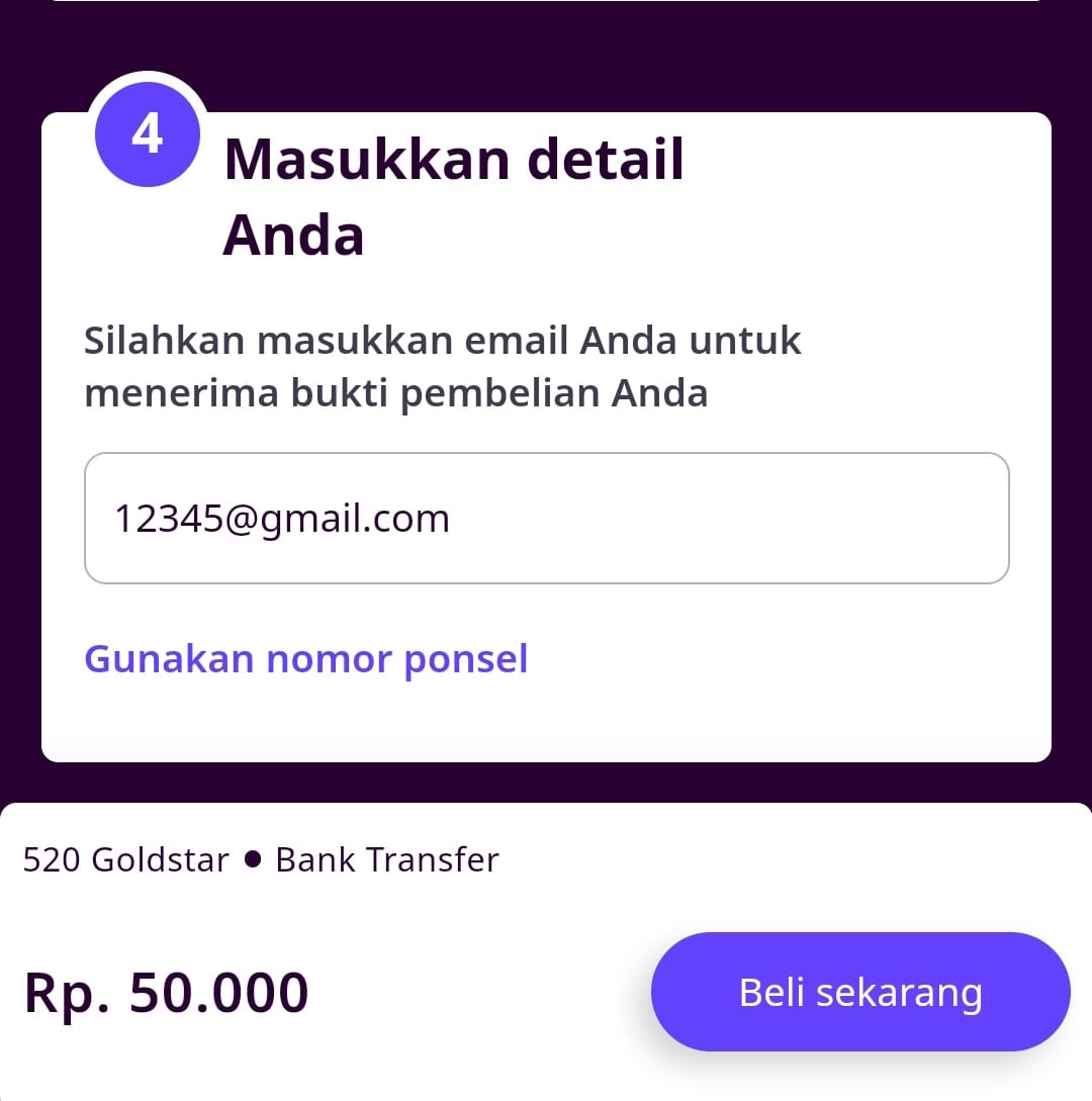 memasukkan alamat email di Codashop super Sus