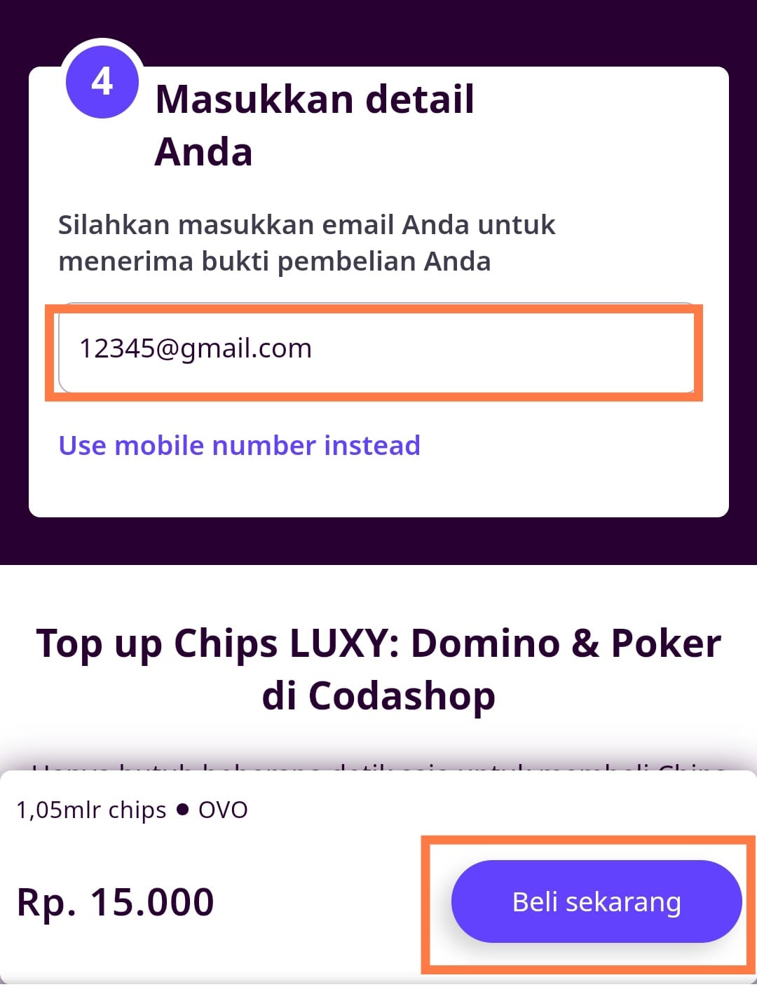 memasukkan email di Codashop Domino