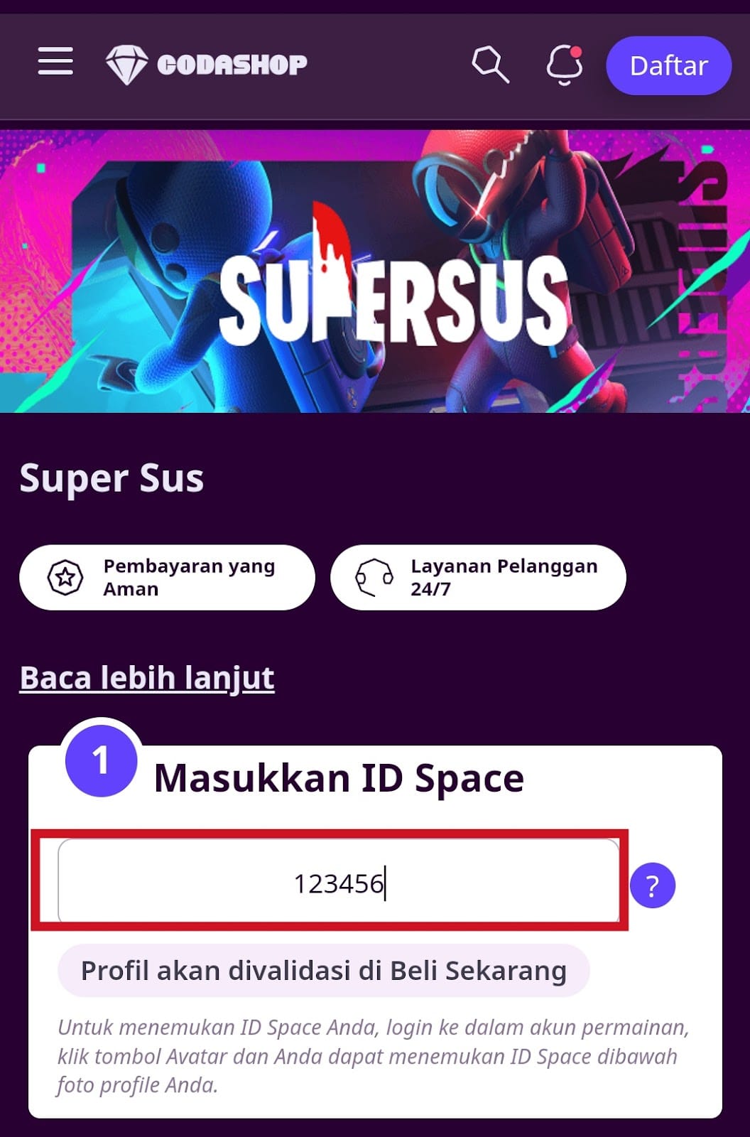 memasukkan id space Codashop Super Sus