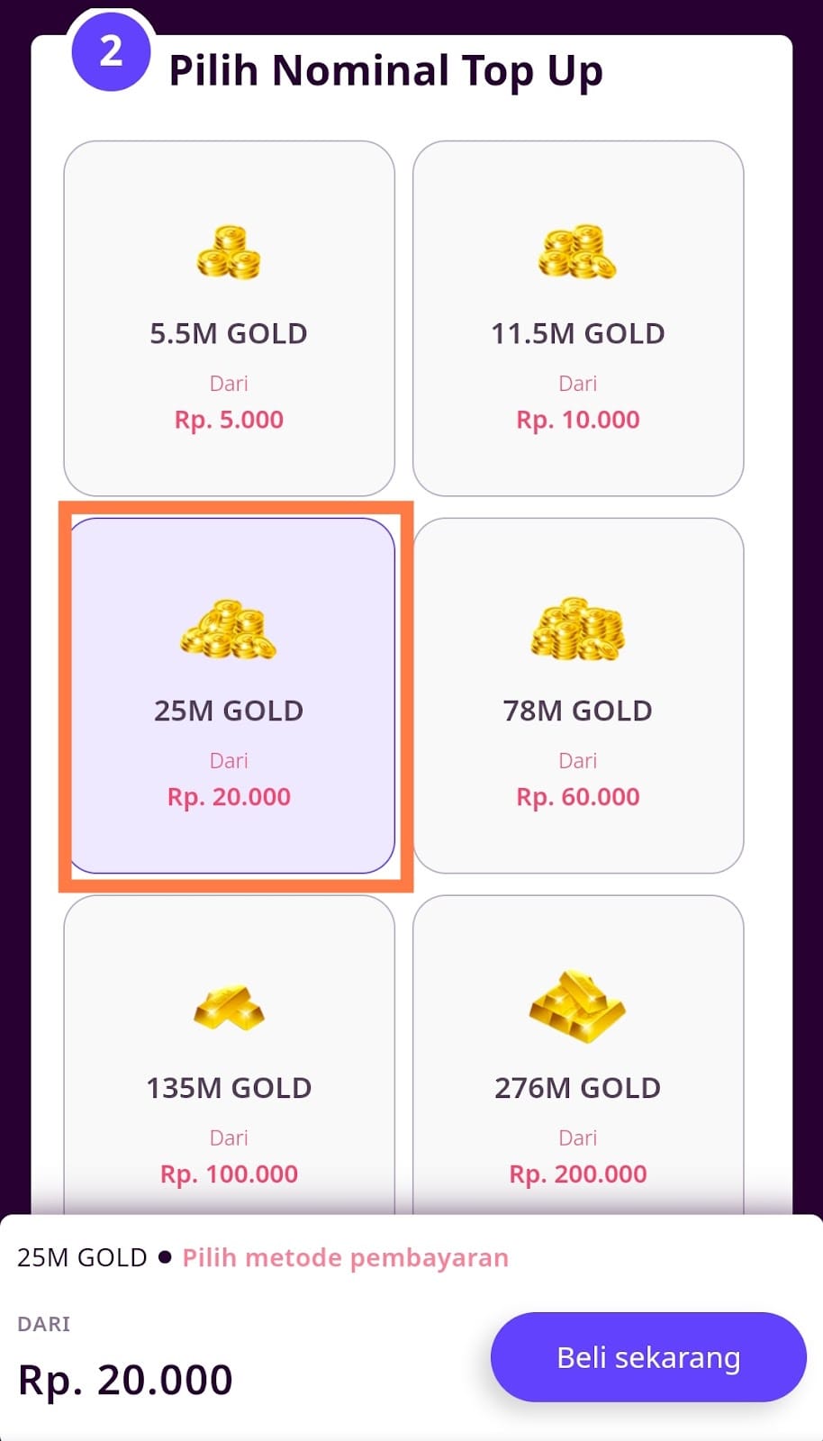 memilih nominal top up Codashop Domino