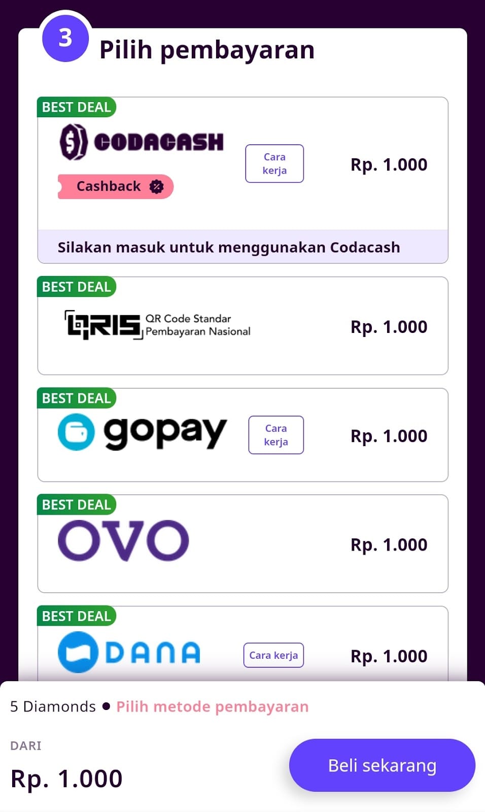 metode pembayaran Codashop Free Fire